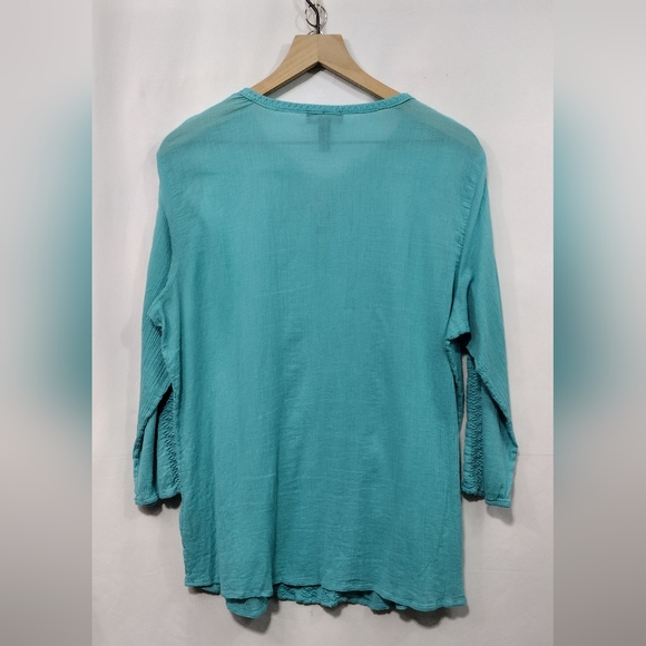 LRL Ralph Lauren Embroidered Crinkle Blouse Womens L Teal Cottagecore Peasant - Picture 5 of 7